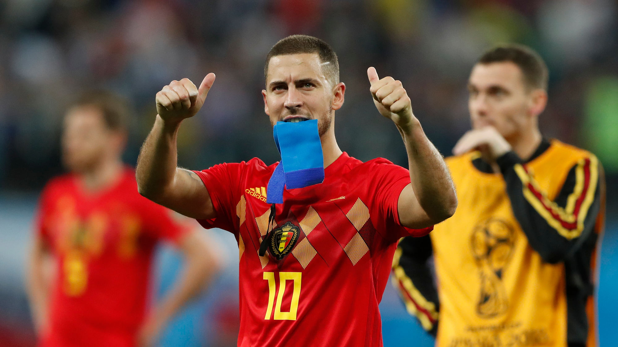Belgium’s Eden Hazard gestures to supporters after the semifinal match between France and Belgium at the 2018 FIFA World Cup in the St. Petersburg Stadium in, St. Petersburg, Russia, Tuesday, July 10, 2018.&nbsp;