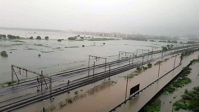 Vasai: A view of the water-logged tracks at Vasai Road railway station in Maharashtra