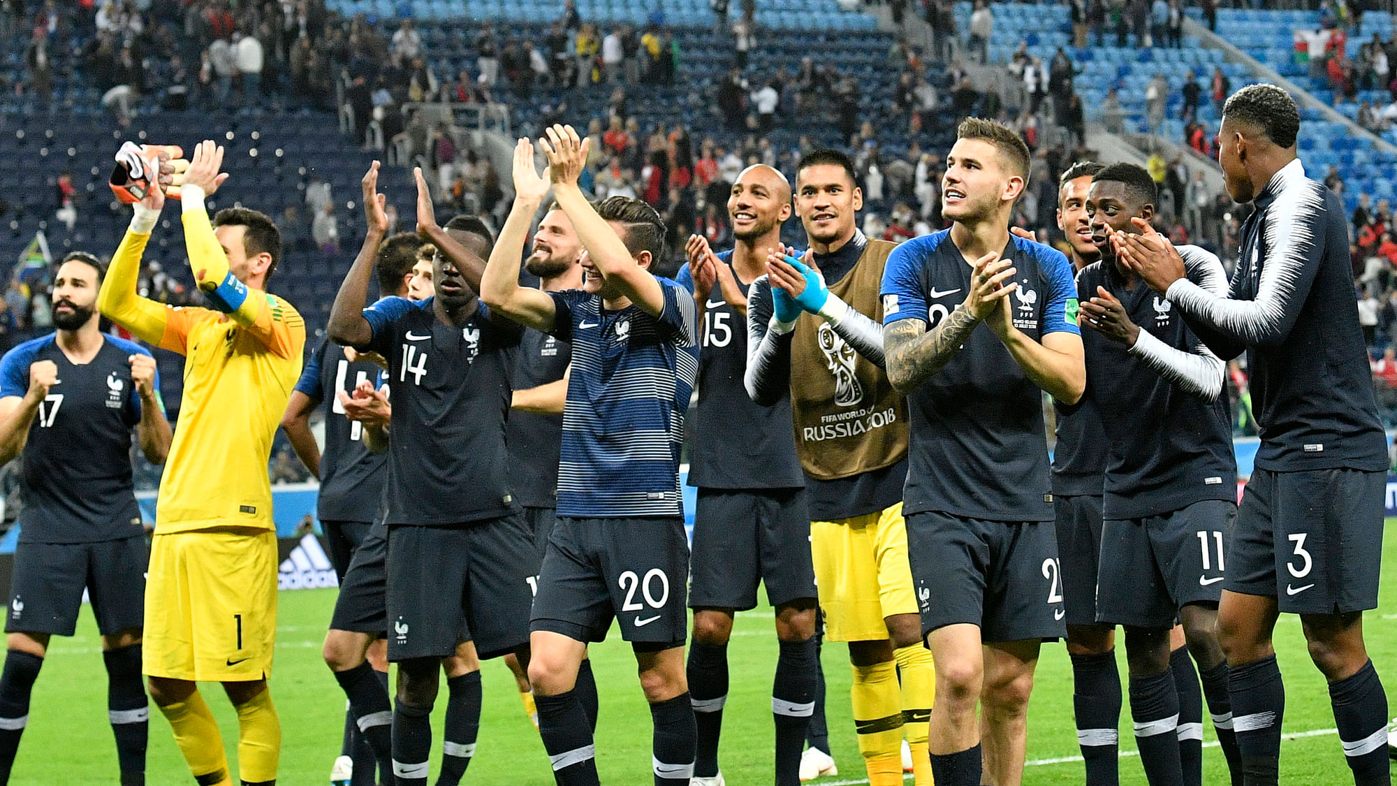 French players acknowledge their fans after their team advanced to the final during the semifinal match between France and Belgium at the 2018 soccer World Cup in the St. Petersburg Stadium in St. Petersburg, Russia, Tuesday, July 10, 2018.&nbsp;