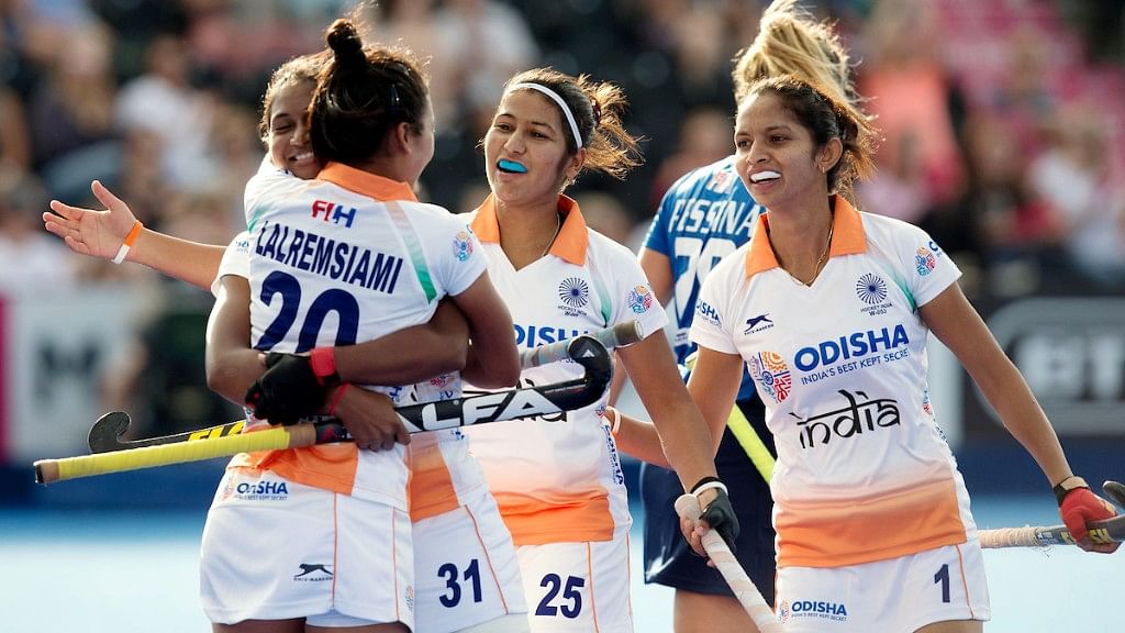 Indian Women’s Hockey team celebrate their first goal against Italy.