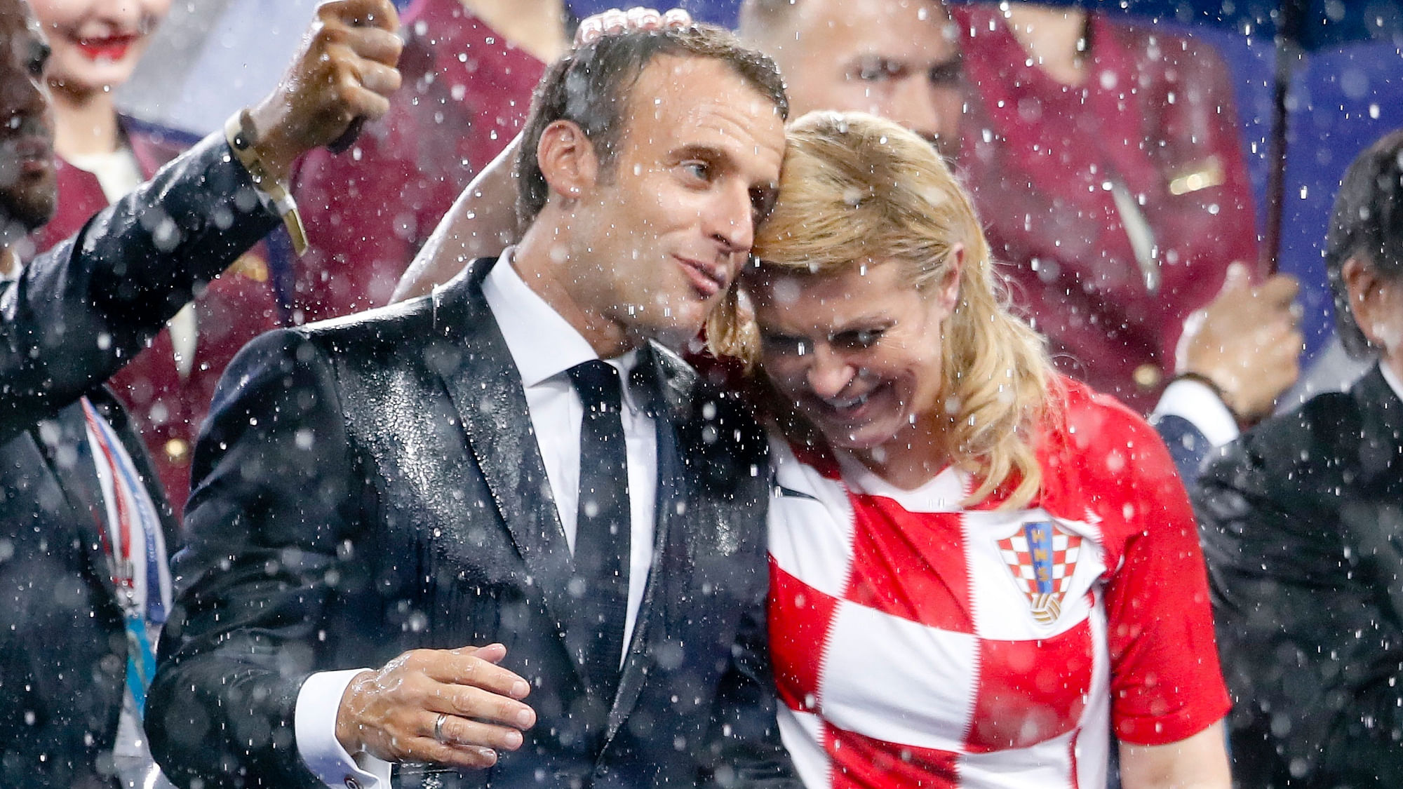 French President Emmanuel Macron and Croatian President Kolinda Grabar-Kitarovic, right during the World Cup final award ceremony.