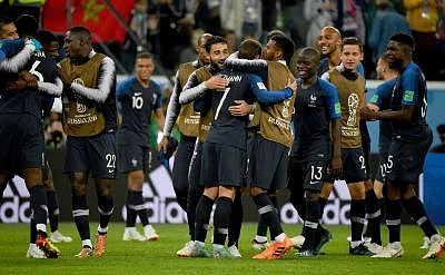 SAINT PETERSBURG, July 10, 2018 (Xinhua) -- Players of France celebrate victory after the 2018 FIFA World Cup semi-final match between France and Belgium in Saint Petersburg, Russia, July 10, 2018. France won 1-0 and advanced to the final. (Xinhua/Li Ga/IANS)