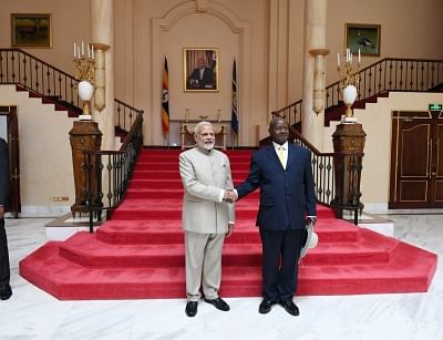 Kampala: Prime Minister Narendra Modi meets Uganda President Yoweri Museveni in Kampala, Uganda on July 24, 2018. (Photo: IANS/MEA)