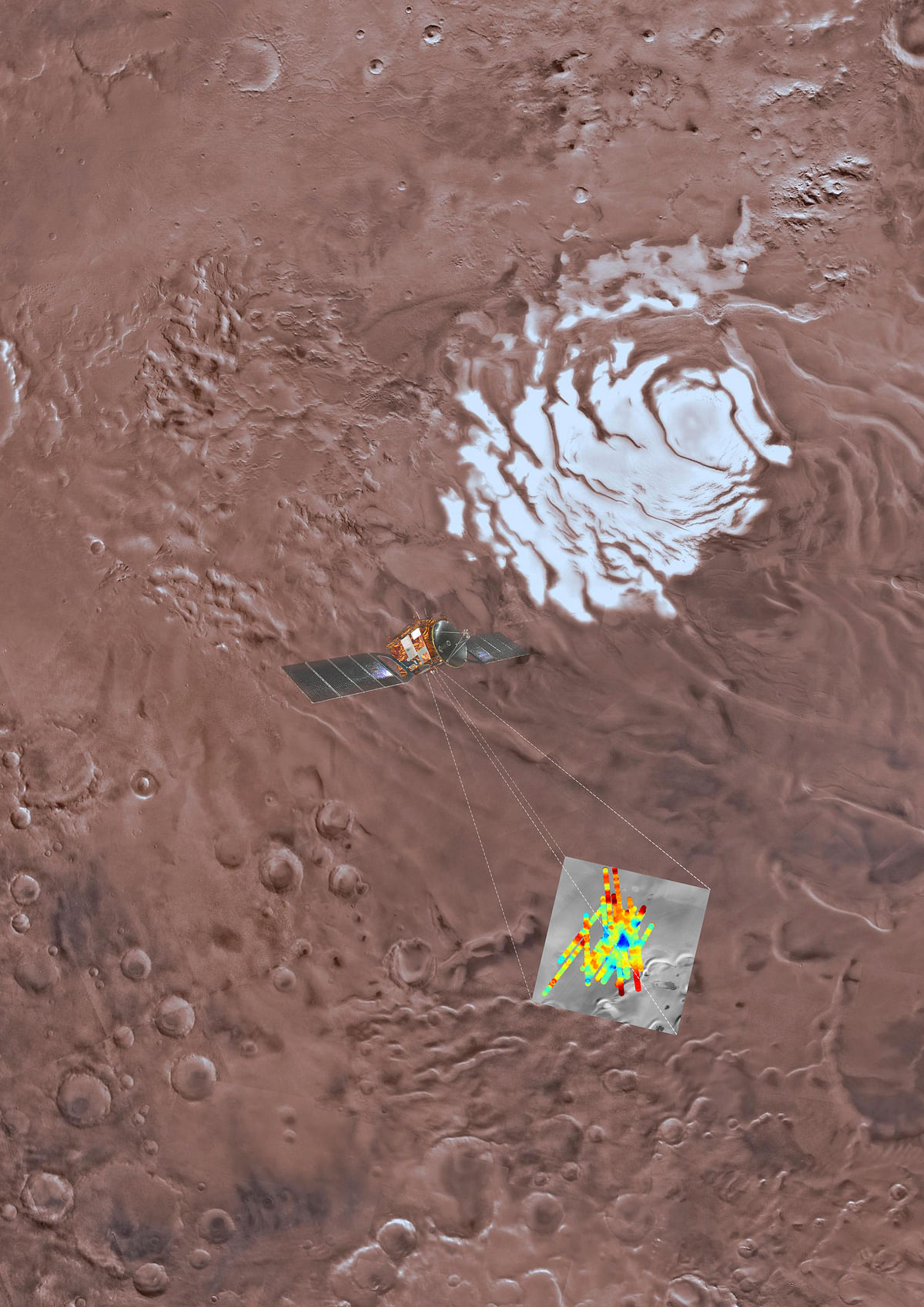 An artistic rendering shows the Mars Express Spacecraft probing Mars’ south pole. Scientists say they’ve detected water beneath the surface of Mars, raising the possibility of life on the planet.