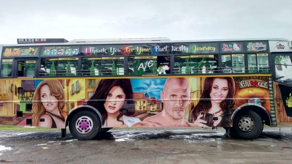 A bus in Kerala featuring Sunny Leone and other adult film stars.