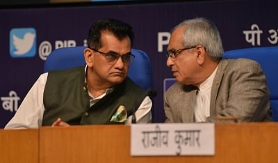 New Delhi: NITI Aayog Vice Chairman Rajiv Kumar and CEO Amitabh Kant during a press conference on the achievements of NITI Aayog in the last four years, in New Delhi on July 3, 2018. (Photo: IANS)