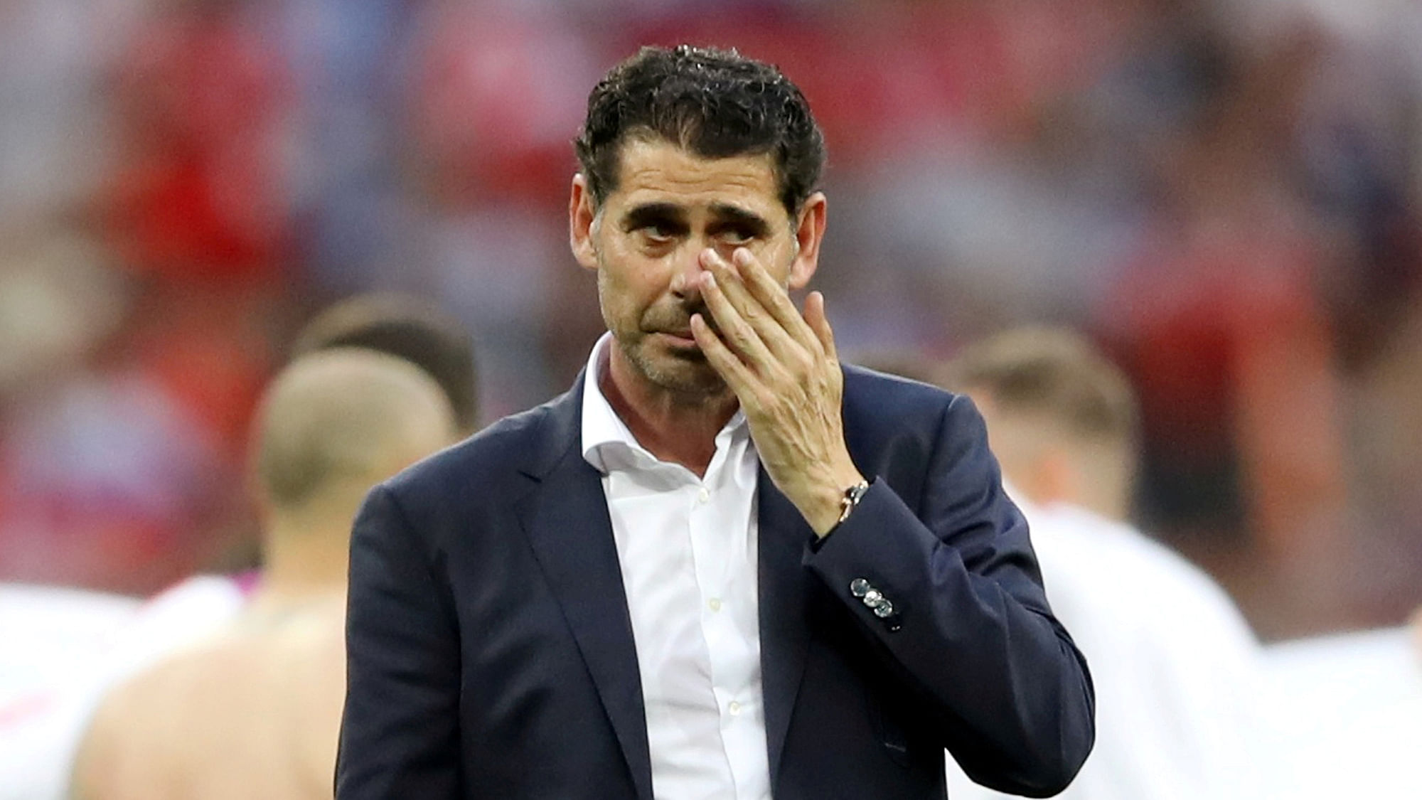 Spain coach Fernando Hierro looks dejected after losing the penalty shootout against Russia in the Round of 16 tie.&nbsp;