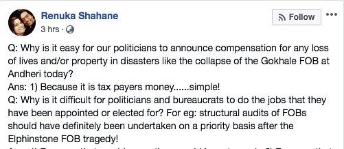 Renuka Shahane calls out politicians for their apathy towards Mumbai and Mumbaikars.