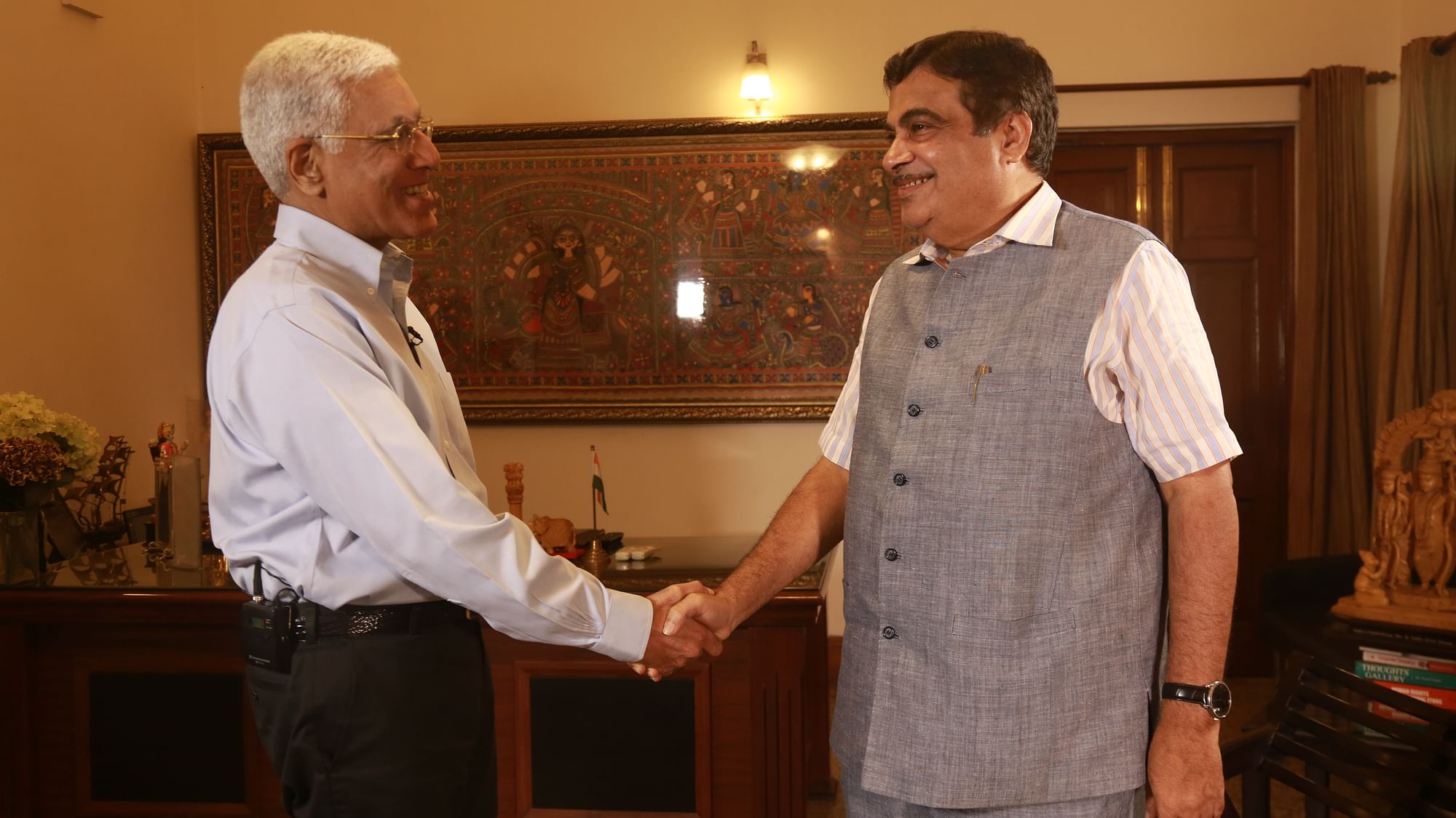 Senior journalist Karan Thapar (left) with Minister for Road Transport and Highways Nitin Gadkari (right).