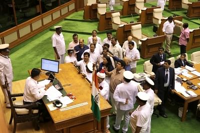 Porvorim: Goa Legislative Assembly Speaker Pramod Sawant tries to calmdown the agitated delegation during the first day of Monsoon Session of Goa Legislative Assembly at Porvorim, Goa on July 19, 2018. (Photo: IANS)
