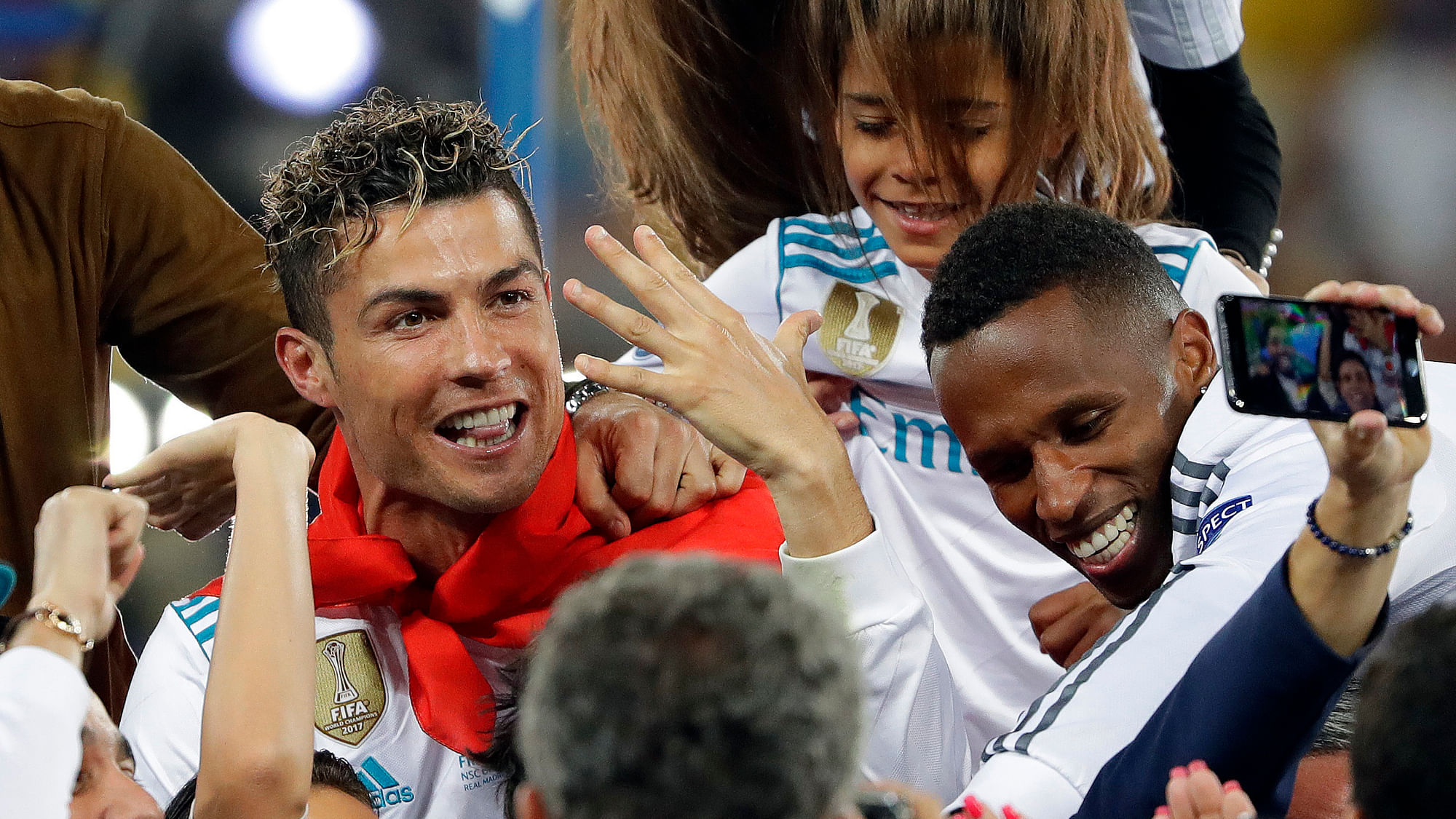 In this Saturday, May 26, 2018 file photo Cristiano Ronaldo celebrates with family after winning the Champions League Final match between Real Madrid and Liverpool at the Olimpiyskiy Stadium in Kiev, Ukraine.&nbsp;