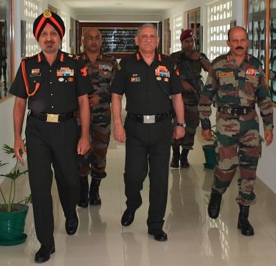 Pathankot: Army chief General Bipin Rawat along with General Officer Commanding in Chief (GOC-in-C) of Western Command Lt. Gen Surinder Singh, during his visit to Mamun Military Station where he reviewed the operational preparedness and interacted with the troops, in Punjab