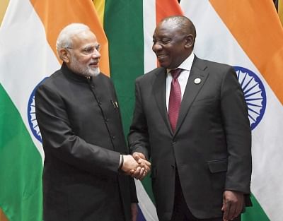 Johannesburg: Prime Minister Narendra Modi in bilateral meeting with South African President Cyril Ramaphosa on the sidelines of the BRICS Summit in Johannesburg, South Africa on July 26, 2018. (Photo: IANS/PIB)