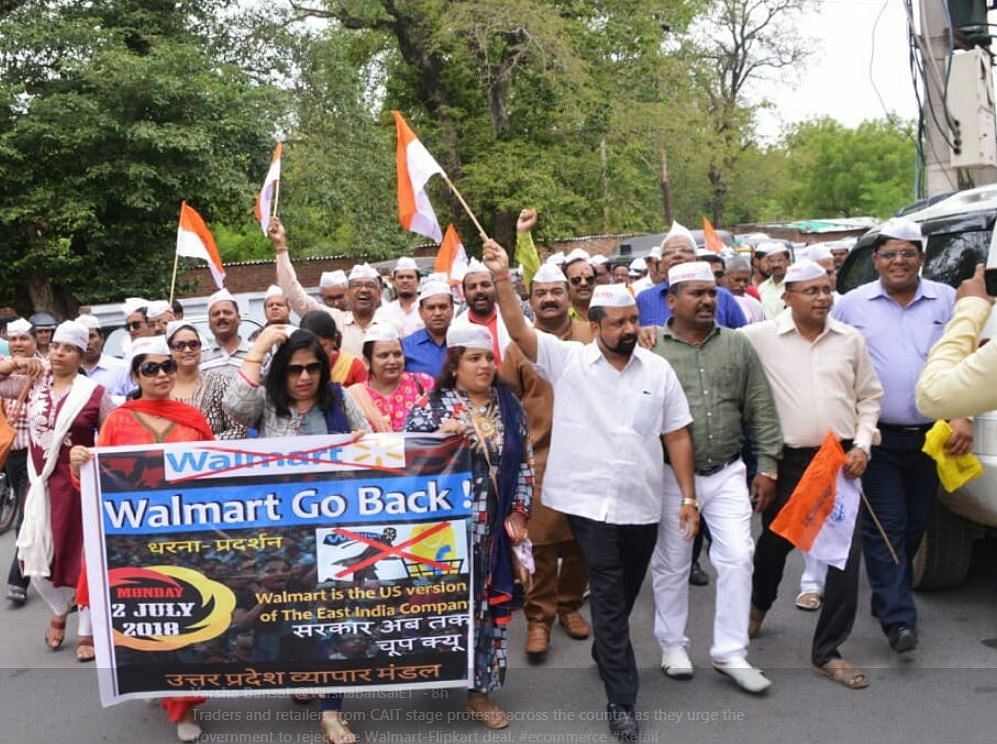 The protest demands Competition Commission of India’s (CCI) rejection of the Walmart-Flipkart deal.
