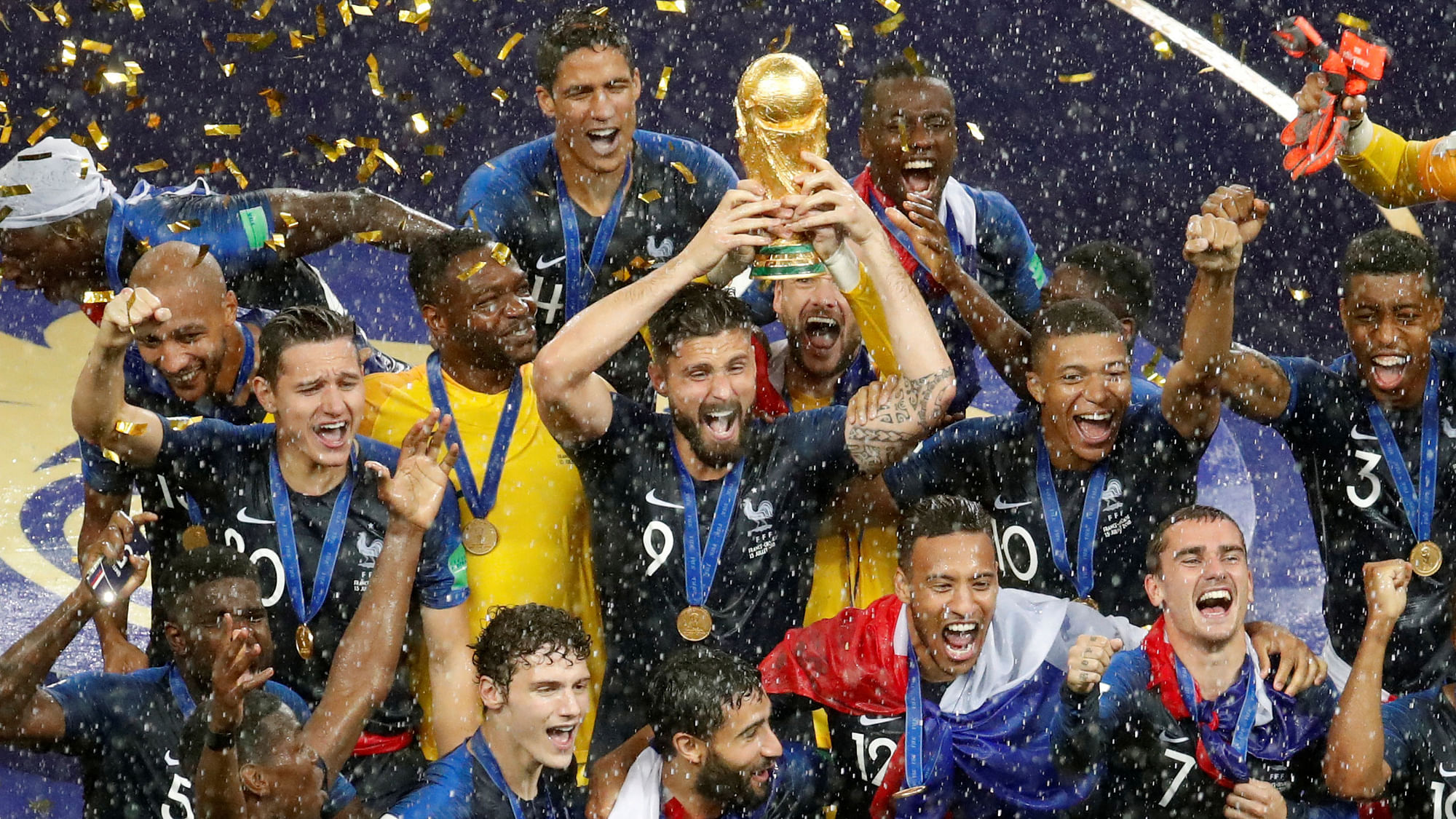 The French team celebrate after winning the FIFA World Cup final against Croatia on July 15.