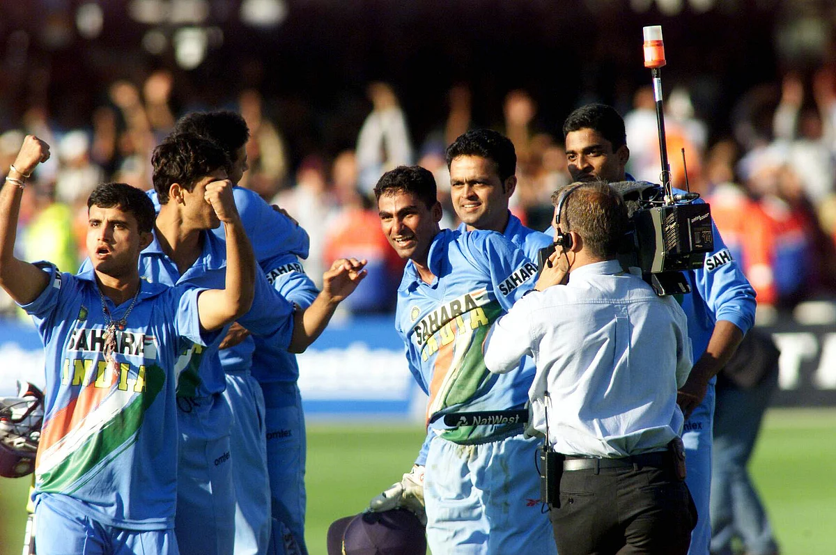 Mohammad Kaif celebrates India’s Natwest Trophy victory with his team-mates.