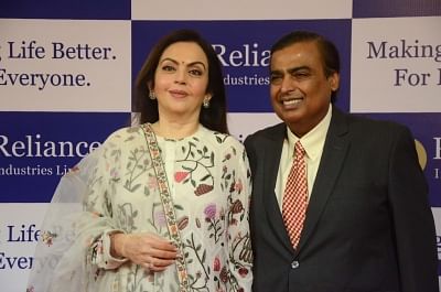 Mumbai: Reliance Industries (RIL) Chairman and Managing Director Mukesh D. Ambani with his wife Nita Ambani at the 41st Annual General Meeting (AGM) of Reliance Industries Ltd (RIL), in Mumbai on July 5, 2018. (Photo: IANS)