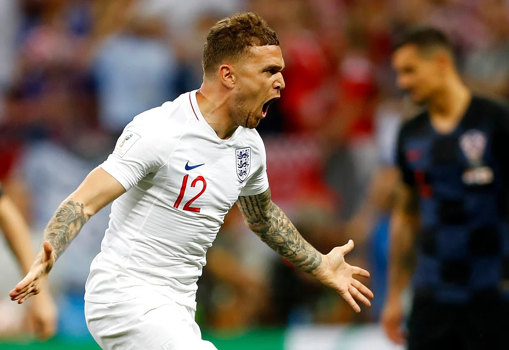 England’s Kieran Trippier celebrates after scoring his team’s opening goal.