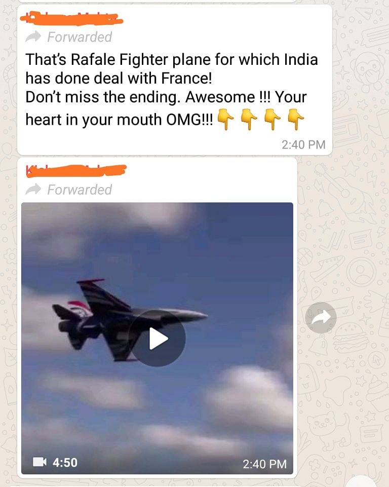  A message many people circulated on WhatsApp claims that the fighter plane in the video was Rafale. It’s... a toy.
