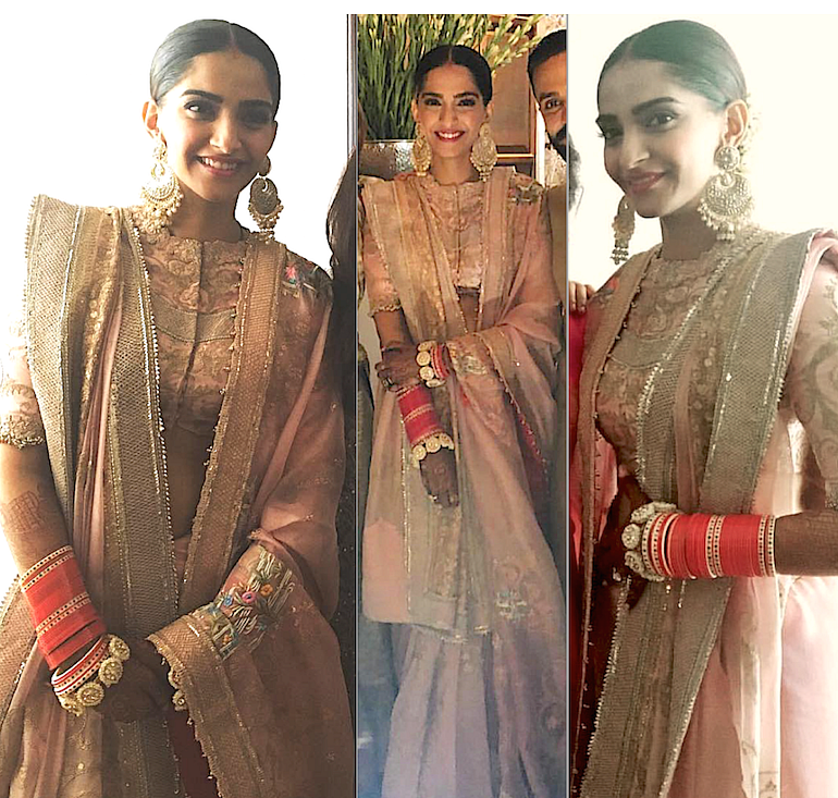 Sonam changed into a blush pink <i>lehenga</i> designed by Anamika Khanna after the main wedding ceremony.&nbsp;