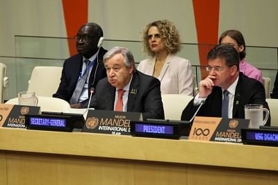 UNITED NATIONS, July 18, 2018 (Xinhua) -- United Nations Secretary-General Antonio Guterres (L, Front) speaks at a UN General Assembly event on the occasion of Mandela Day at the UN headquarters in New York, on July 18, 2018. Antonio Guterres on Wednesday called on the world to draw inspiration from former South African President Nelson Mandela to build a better future. Mandela Day, or Nelson Mandela International Day, is an annual international day in honor of Nelson Mandela, celebrated on July