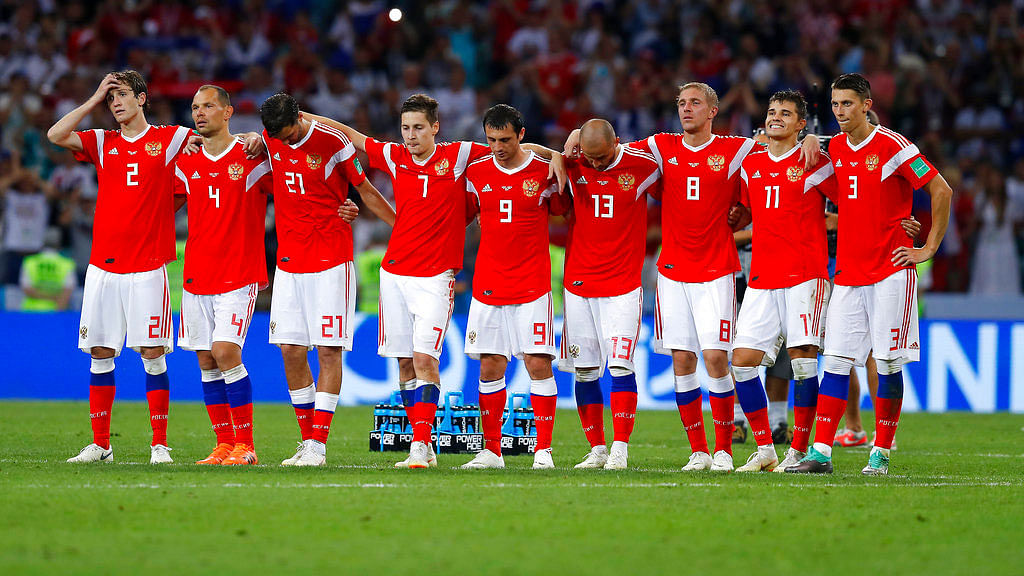 Russian players react after the quarter-final match against Croatia.