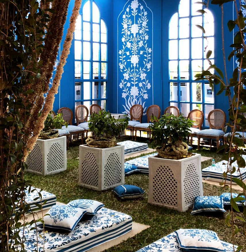 Here’s the stunning blue Bar Palladio Jaipur inspired outdoor area designed by Rani Pink.&nbsp;