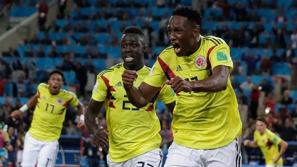 Colombia’s Yerry Mina celebrates after scoring his first side’s goal during their Round of 16 match against England at the Spartak Stadium on Tuesday. 
