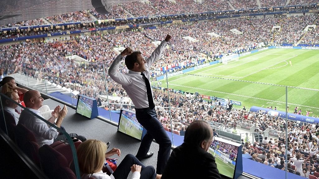 Macron celebrates France’s 4-2 win over Croatia in the FIFA World Cup 2018 Final.&nbsp;