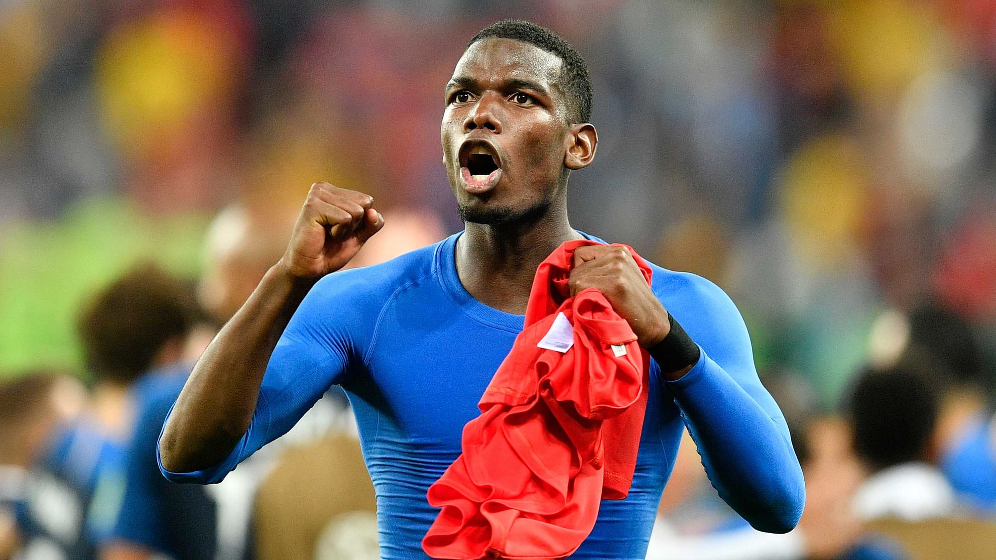France’s Paul Pogba celebrates after his team advanced to the final after the semifinal match between France and Belgium at the 2018 soccer World Cup in the St. Petersburg Stadium in St. Petersburg, Russia, Tuesday, July 10, 2018.