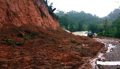 Srimangala: A view of a damaged road after a landslide struck Karnataka