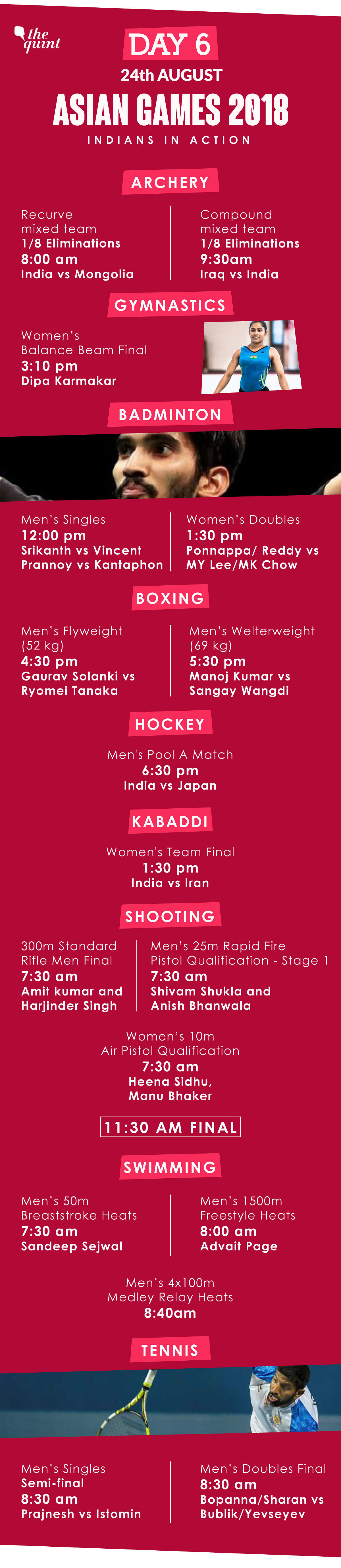 All the major events for the Indian contingent on Day 6 of the Asian Games in Indonesia on 24 August.