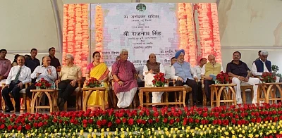 New Delhi: Union Ministers Rajnath Singh, Hardeep Singh Puri, Manoj Sinha, Lieutenant Governor Anil Baijal and BJP MP Meenakshi Lekhi at the inauguration of New Delhi Municipal Council (NDMC) Wifi - FTTH (Fibre to the Home) and Smart City projects, in New Delhi, on Aug 13, 2018. (Photo: IANS)