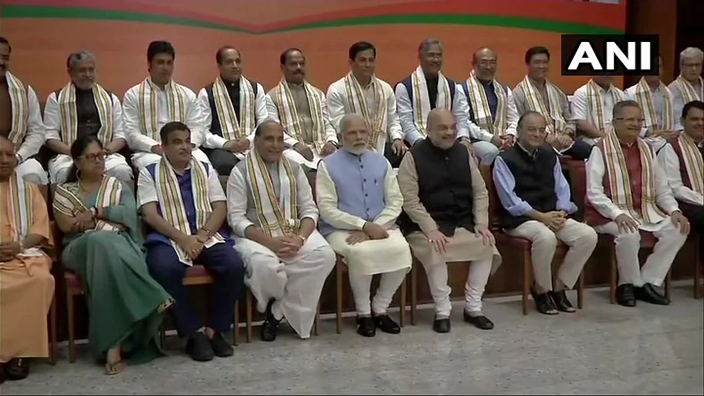 Prime Minister Narendra Modi, BJP President Amit Shah, Home Minister Rajnath Singh, Finance Minister Arun Jaitley and Chief Ministers of BJP-governed states at party headquarters in Delhi. 