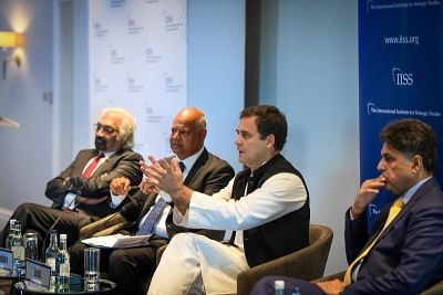 London: Congress President Rahul Gandhi addresses during a programme, in London, United Kingdom, on Aug 24, 2018. (Photo: IANS/twitter/@INCIndia)