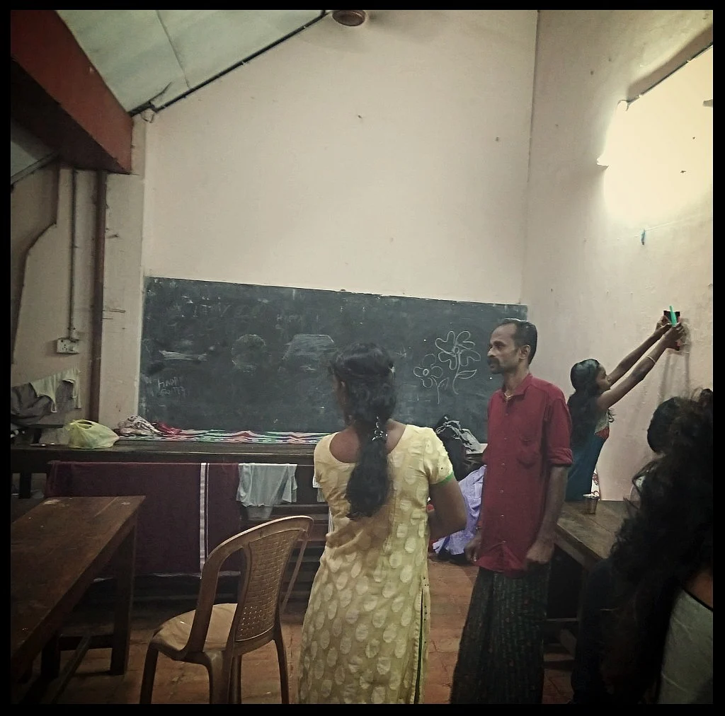 A classroom has been set up to accommodate flood victims. 