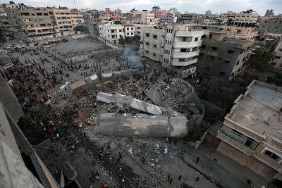 GAZA, Aug. 9, 2018 (Xinhua) -- Photo taken on Aug. 9, 2018 shows the rubble of a building following an Israeli airstrike in Gaza City. The Israeli war jets launched 12 successive airstrikes on a building in west Gaza in response to rockets firing from Gaza into Israel, eyewitnesses and security sources said. Sources in western Gaza city said at least 18 civilians were injured in the new round of airstrikes carried out by Israel Thursday afternoon. (Xinhua/IANS)