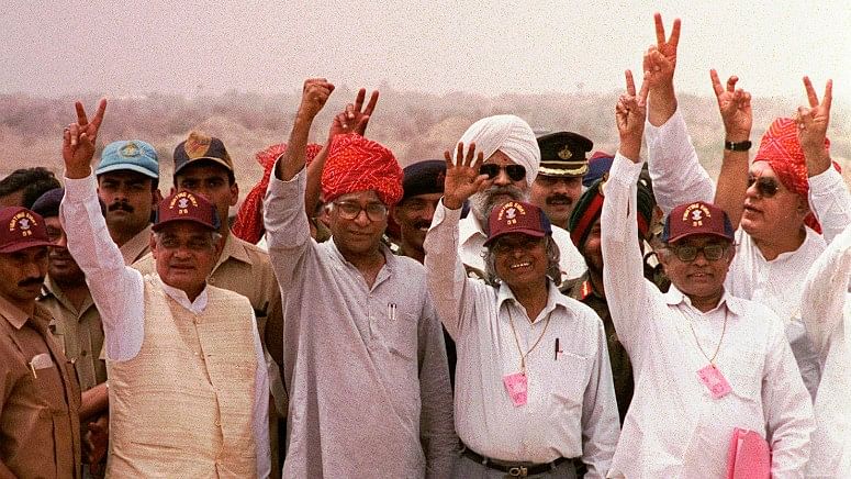 20 May, 1998 file photo, from left, Indian Prime Minister Atal Bihari Vajpayee, Defense Minister George Fernandes, founder of the Indian nuclear program APJ Abdul Kalam, and Atomic Energy Chief R Chidambaram display the victory symbol.&nbsp;