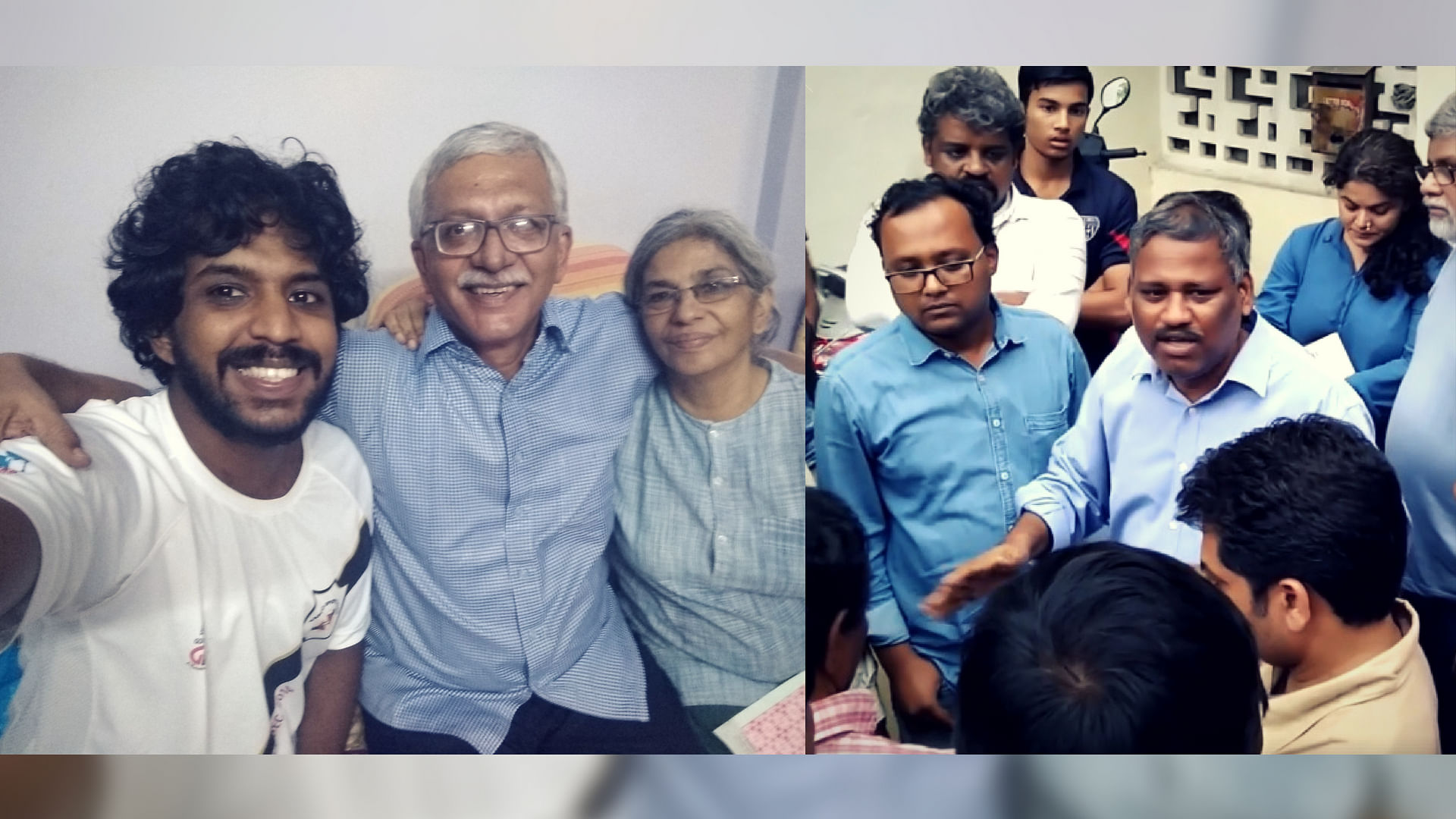 Arrested activist Vernon Gonsalves with his family (left); Professor K Satyanarayana, son-in-law of arrested activist Varavara Rao.