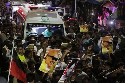 Chennai: The mortal remains of DMK President M. Karunanidhi being taken to his his home at Gopalapuram in Chennai on Aug 7, 2018. (Photo: IANS)