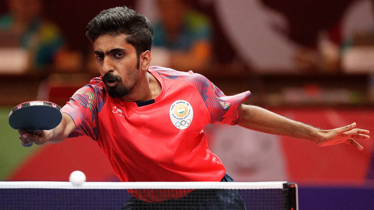 India’s Sathiyan Gnanasekaran during their semi-final match against South Korea at the men’s team table tennis. 