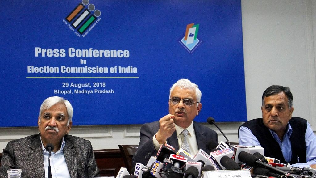 Chief Election Commissioner OP Rawat along with Election Commissioners Sunil Arora (L) and Ashok Lavasa (R) addressed a press conference in Bhopal on Wednesday, 29 August, 2018.