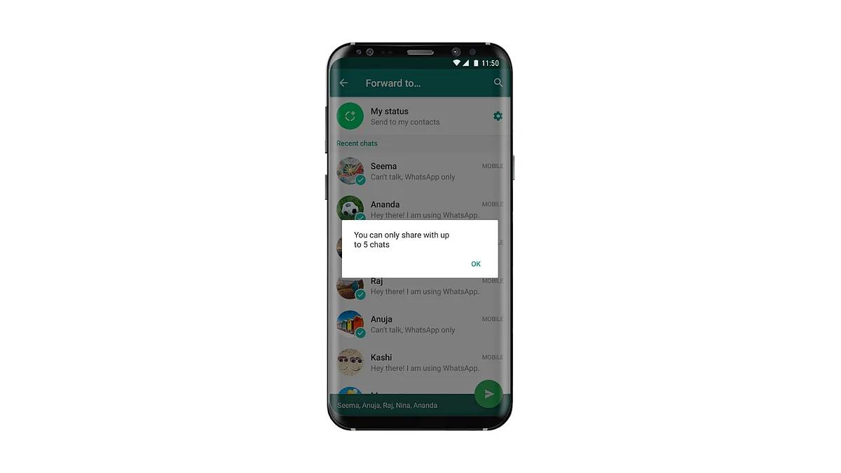 Try forwarding a message to more than 5 people and you’ll see this on WhatsApp. 