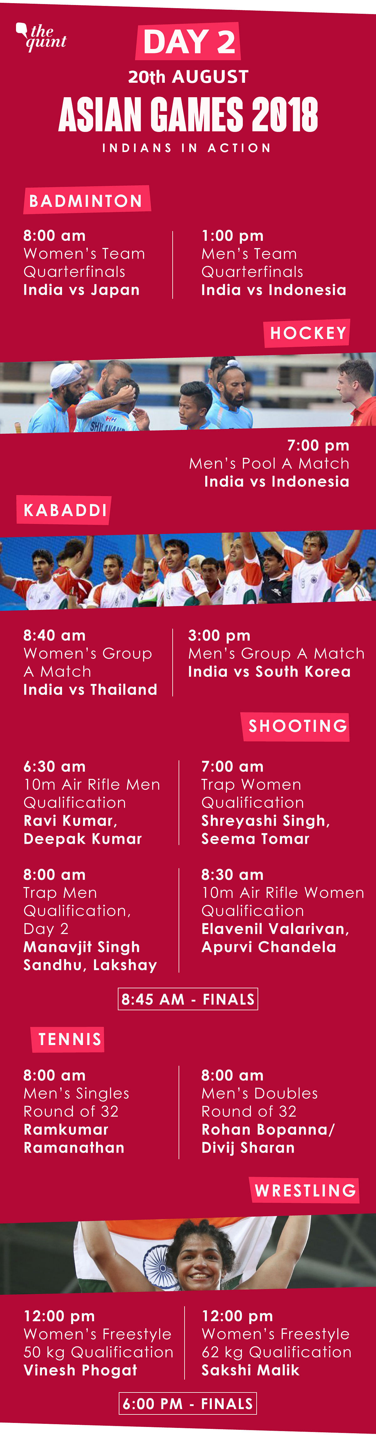 All the major events from Day 2 of the Asian Games 2018, in Indonesia on 20 August.