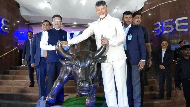 Andhra Pradesh Chief Minister Chandrababu Naidu at the listing of the Amaravati Bond 2018 on the BSE