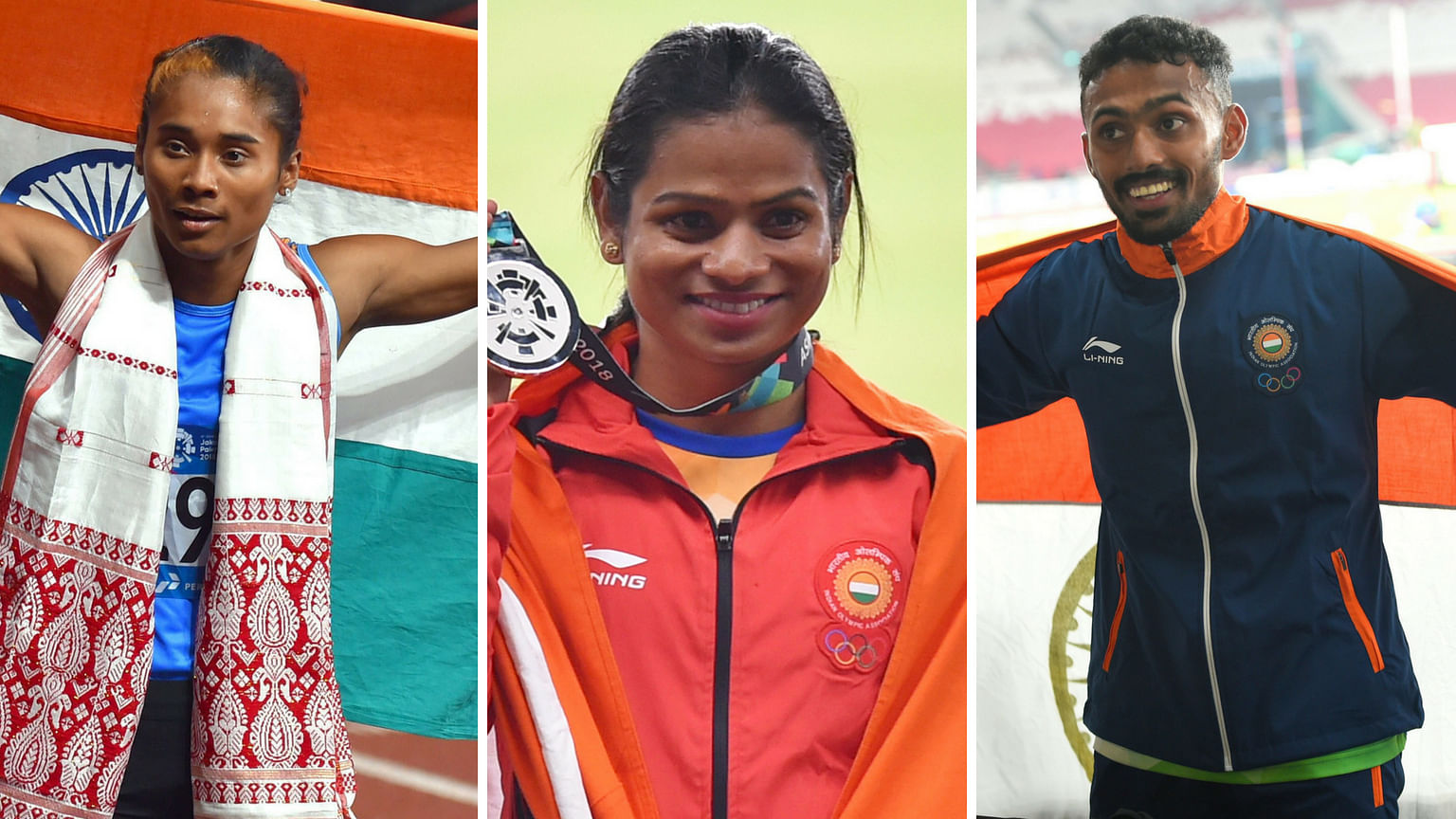 Hima Das, Dutee Chand and Muhammed Anas celebrate after winning their respective silver medals.
