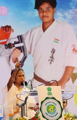 Kolkata: West Bengal Chief Minister Mamata Banerjee addresses during the 5th anniversary celebrations of "Kanyashree Diwas", in Kolkata on Aug 14, 2018. (Photo: IANS)