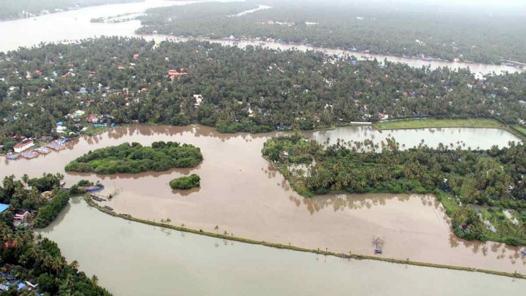An aerial view of Aluva town following a flash flood after heavy rains, in Kochi.