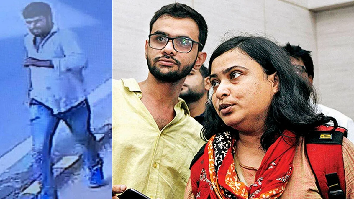 CCTV grab of the alleged attacker (left), Umar Khalid and eyewitness Banojyotsna Lahiri (right)