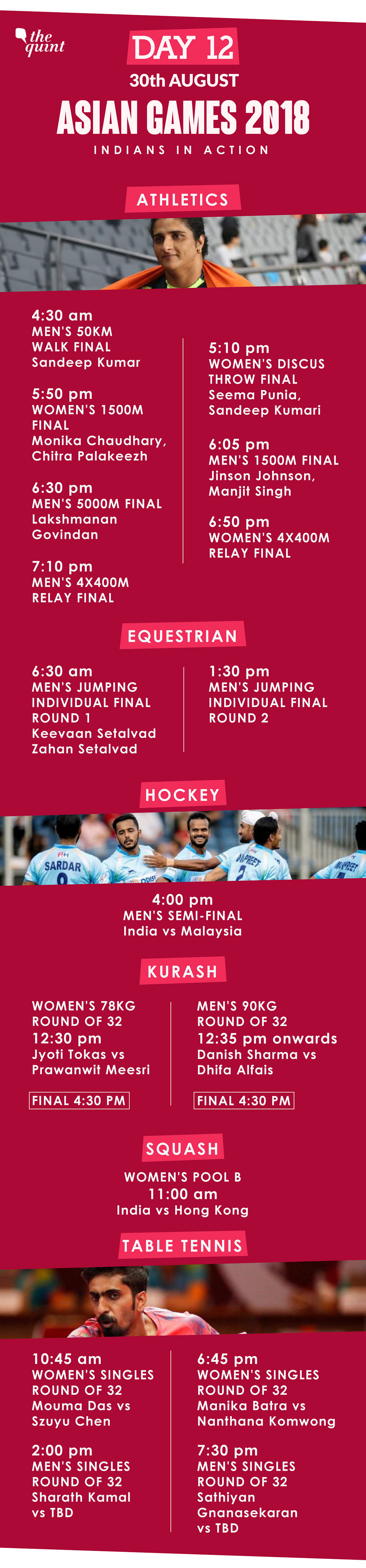 All the major events from Day 12 of the Asian Games 2018 in Indonesia on 30 August.